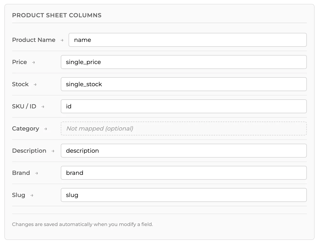 Column mapping settings