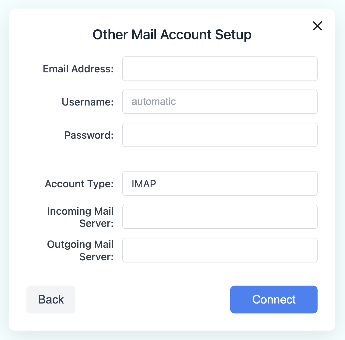 Other Mail Account Setup form